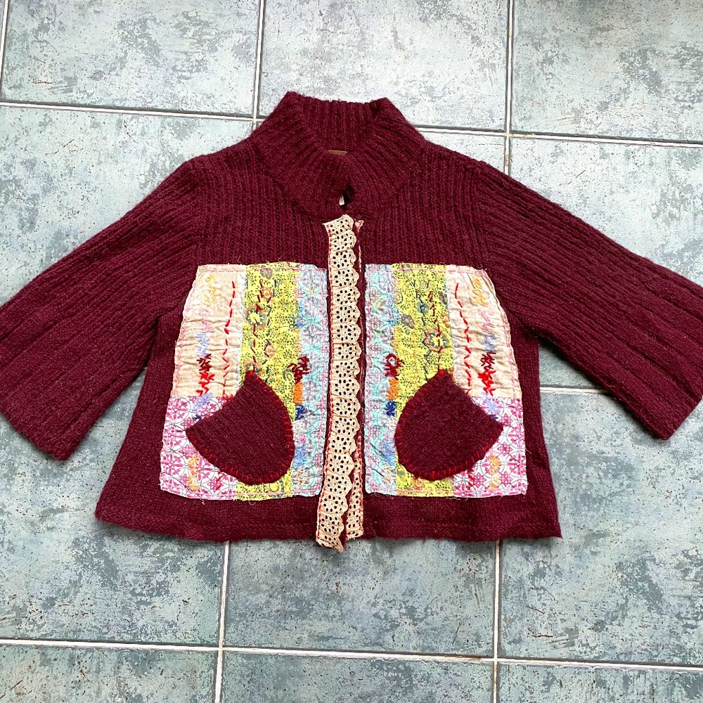 Free People Burgundy Cardigan with Multicolor Pockets
